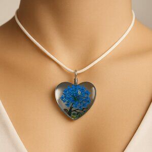 Heart-Shaped Resin Blue Flower Pendant Necklace 18" Black Cord Fashion Jewelry
